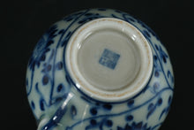 Load image into Gallery viewer, Blue &amp; White Porcelain Mini Pitcher – Floral Scroll Design, 4" Tall, Marked Base
