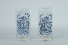 Load image into Gallery viewer, Currier and Ives Blue Frosted Glass Tumblers Pair Americana
