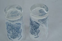 Load image into Gallery viewer, Currier and Ives Blue Frosted Glass Tumblers Pair Americana
