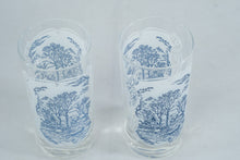 Load image into Gallery viewer, Currier and Ives Blue Frosted Glass Tumblers Pair Americana
