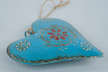 Load image into Gallery viewer, Turquoise Blue Metal Heart Wall Hanging 6 Inch Embossed Floral Folk Art Ornament
