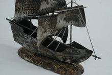 Load image into Gallery viewer, Metal Sailing Ship Sculpture Three Mast Nautical Decor 7 Inch
