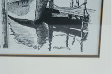 Load image into Gallery viewer, Vintage Framed Black &amp; White Harbor Etching Print Signed &amp; Dated 1976 – Coastal Boat Scene 17x21.5
