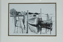 Load image into Gallery viewer, Vintage Framed Black &amp; White Harbor Etching Print Signed &amp; Dated 1976 – Coastal Boat Scene 17x21.5
