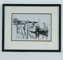 Load image into Gallery viewer, Vintage Framed Black &amp; White Harbor Etching Print Signed &amp; Dated 1976 – Coastal Boat Scene 17x21.5
