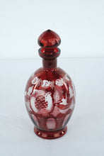 Load image into Gallery viewer, Antique Cranberry Glass Decanter Hand Engraved Stag Scenic Stopper Bottle
