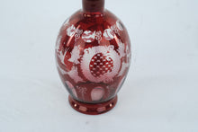 Load image into Gallery viewer, Antique Cranberry Glass Decanter Hand Engraved Stag Scenic Stopper Bottle
