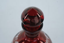 Load image into Gallery viewer, Antique Cranberry Glass Decanter Hand Engraved Stag Scenic Stopper Bottle
