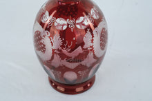 Load image into Gallery viewer, Antique Cranberry Glass Decanter Hand Engraved Stag Scenic Stopper Bottle
