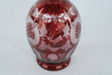 Load image into Gallery viewer, Antique Cranberry Glass Decanter Hand Engraved Stag Scenic Stopper Bottle
