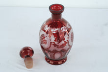 Load image into Gallery viewer, Antique Cranberry Glass Decanter Hand Engraved Stag Scenic Stopper Bottle

