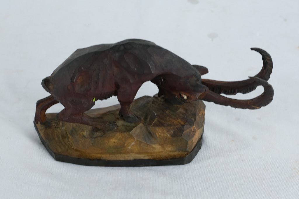 WWII-Era Hand-Carved Wooden Ibex Figurine – “Bolzano, Italy – May 1945” Souvenir Carving