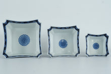Load image into Gallery viewer, Bombay Blue &amp; White Porcelain Square Bowl Set – Butterfly &amp; Floral Pattern – Set of 3, Nesting
