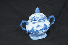 Load image into Gallery viewer, Bombay Blue &amp; White Porcelain Sugar Bowl w Lid Scenic Chinoiserie 7"
