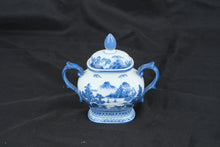 Load image into Gallery viewer, Bombay Blue &amp; White Porcelain Sugar Bowl w Lid Scenic Chinoiserie 7"
