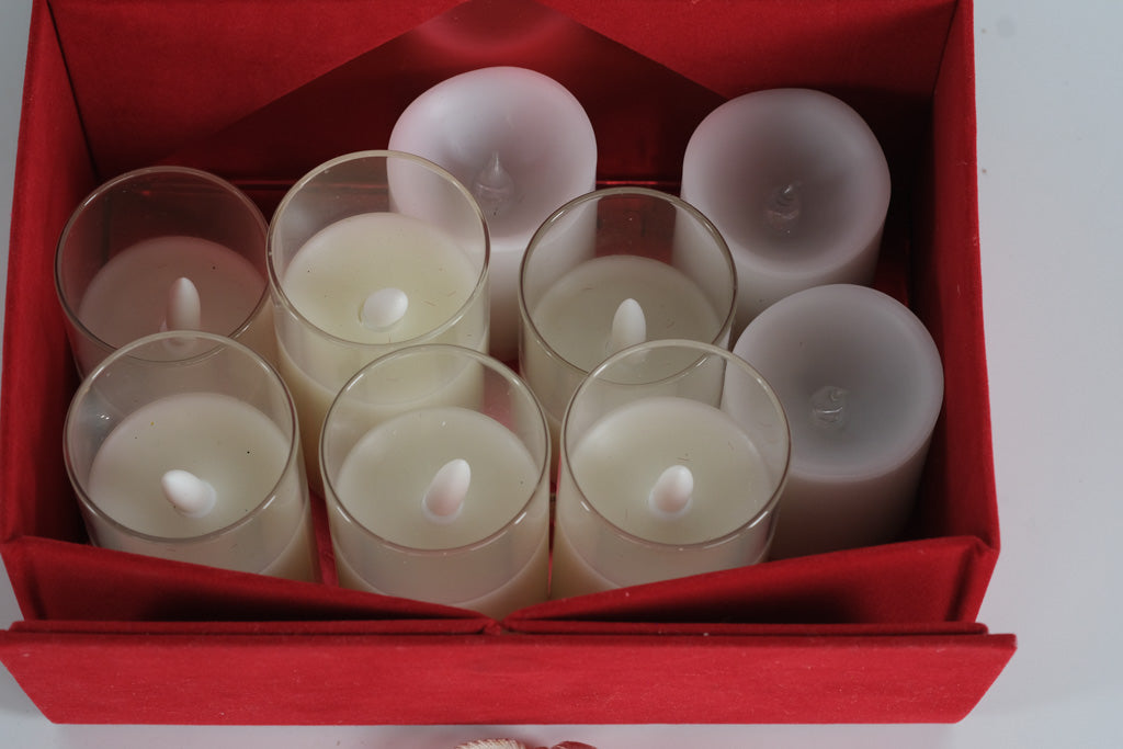 Set of Battery-Powered Flameless Candles in Red Velvet Storage Box – Includes Tassel Accents