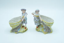 Load image into Gallery viewer, Pair of Bisque Porcelain Boy &amp; Girl Figurines with Fishing Nets – Spill Vase Style
