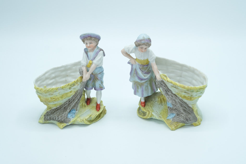 Pair of Bisque Porcelain Boy & Girl Figurines with Fishing Nets – Spill Vase Style