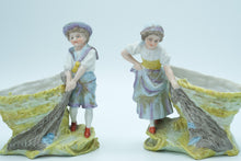 Load image into Gallery viewer, Pair of Bisque Porcelain Boy &amp; Girl Figurines with Fishing Nets – Spill Vase Style
