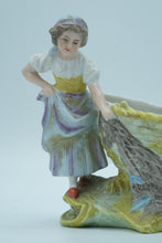 Load image into Gallery viewer, Pair of Bisque Porcelain Boy &amp; Girl Figurines with Fishing Nets – Spill Vase Style
