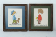 Load image into Gallery viewer, Vintage Framed Crewel Embroidery Wall Art Children Sayings Needlework Pair
