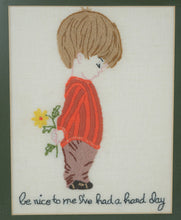 Load image into Gallery viewer, Vintage Framed Crewel Embroidery Wall Art Children Sayings Needlework Pair

