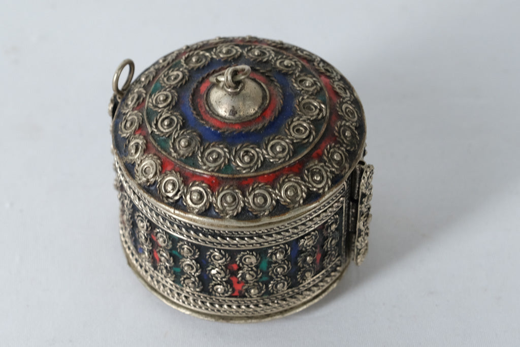 Vintage Kabyle Berber Silver & Enamel Bracelet Box – Handcrafted Algerian Jewelry Container (2.75” x 2.5”)