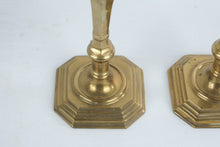 Load image into Gallery viewer, Vintage Pair of Hong Kong Solid Brass Candlesticks Octagonal Base 10.75 Inch
