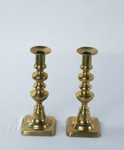 Load image into Gallery viewer, Pair Brass Baluster Candlesticks 8 Inch Square Base Baldwin Style Traditional
