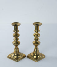 Load image into Gallery viewer, Pair Brass Baluster Candlesticks 8 Inch Square Base Baldwin Style Traditional
