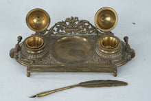 Load image into Gallery viewer, Vintage Brass Double Inkwell Desk Set Feather Dip Pen India
