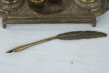 Load image into Gallery viewer, Vintage Brass Double Inkwell Desk Set Feather Dip Pen India
