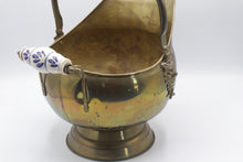 Load image into Gallery viewer, Vintage Brass Coal Scuttle Fireplace Bucket Planter Porcelain Handles
