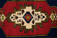 Load image into Gallery viewer, Antique Tribal Rug 20x36 Red Blue Geometric Caucasian Style Wool
