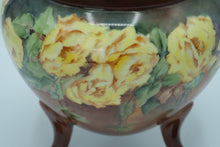Load image into Gallery viewer, Hand-Painted Brown Ceramic Planter with Yellow Roses – 7” Round Footed Pot
