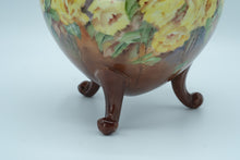 Load image into Gallery viewer, Hand-Painted Brown Ceramic Planter with Yellow Roses – 7” Round Footed Pot
