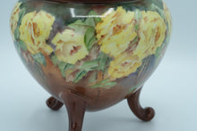 Load image into Gallery viewer, Hand-Painted Brown Ceramic Planter with Yellow Roses – 7” Round Footed Pot
