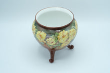 Load image into Gallery viewer, Hand-Painted Brown Ceramic Planter with Yellow Roses – 7” Round Footed Pot
