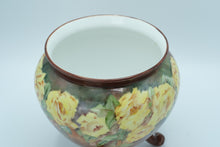 Load image into Gallery viewer, Hand-Painted Brown Ceramic Planter with Yellow Roses – 7” Round Footed Pot

