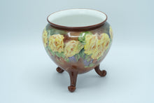 Load image into Gallery viewer, Hand-Painted Brown Ceramic Planter with Yellow Roses – 7” Round Footed Pot
