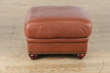 Load image into Gallery viewer, Brown Leather Ottoman with Nailhead Trim
