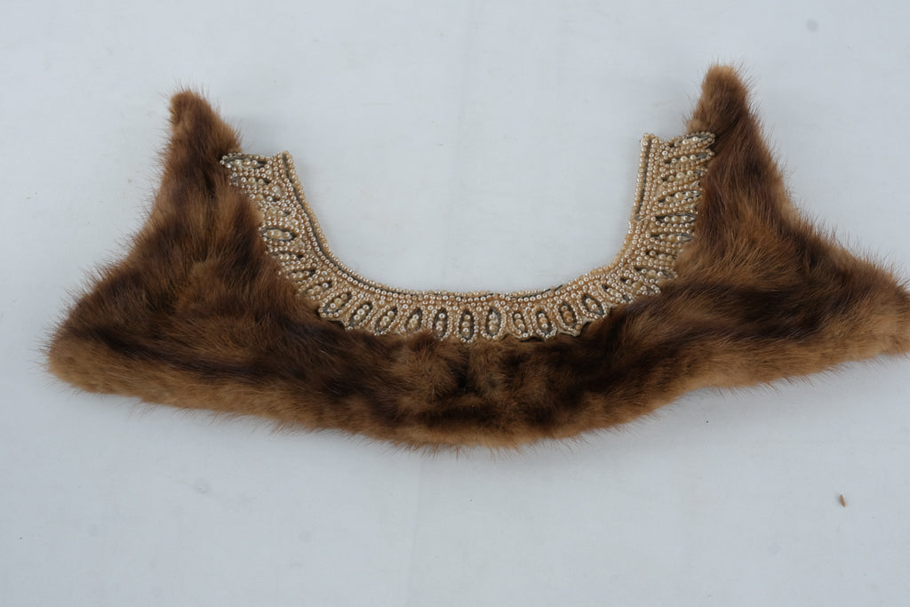 Vintage 1950s Beaded Mink Fur Collar with Satin Lining – Hand-Embroidered Trim
