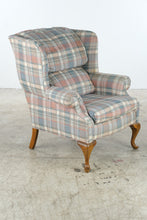 Load image into Gallery viewer, Broyhill Traditional Wingback Chair with Pastel Plaid Upholstery and Wood Legs
