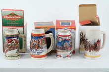 Load image into Gallery viewer, Budweiser Holiday Beer Steins Lot 1998 1999 2001 2012 Clydesdales w/ Boxes
