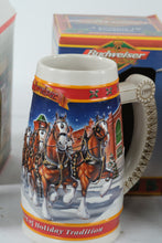 Load image into Gallery viewer, Budweiser Holiday Beer Steins Lot 1998 1999 2001 2012 Clydesdales w/ Boxes
