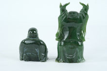 Load image into Gallery viewer, Carved Green Stone Laughing Buddha Figurines Pair Miniature Sculpture Set
