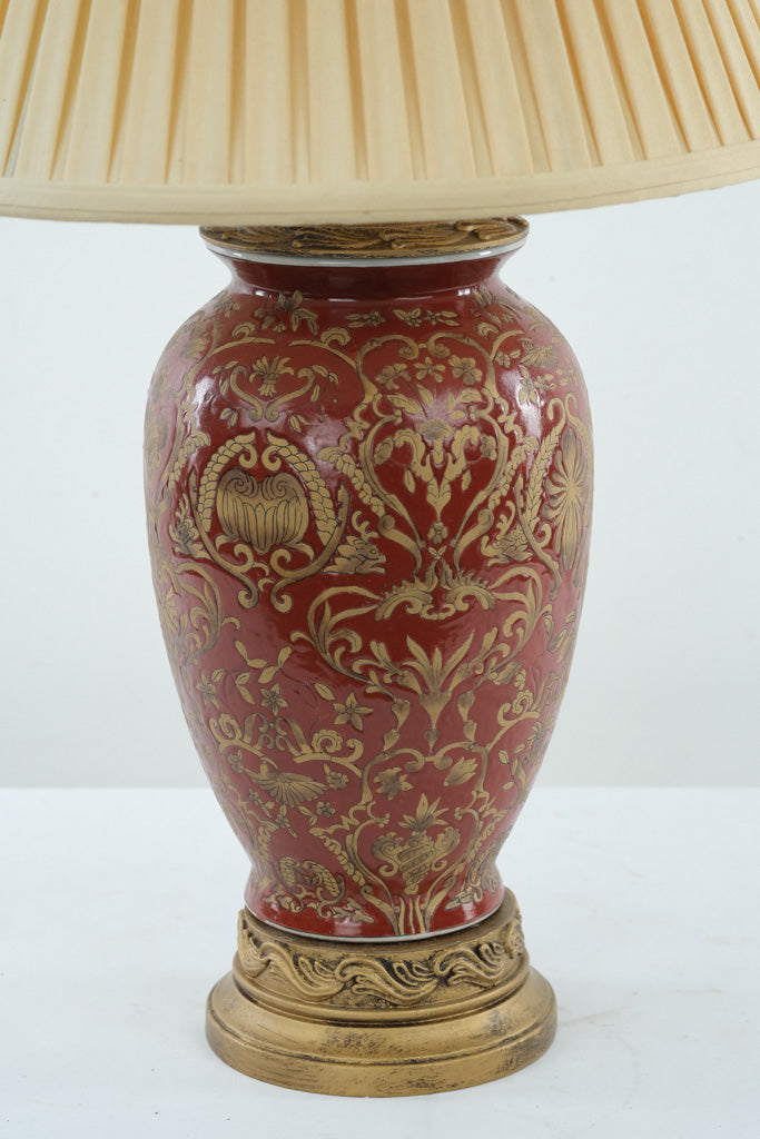 Burgundy & Gold Urn Table Lamp – Embossed Floral Design – 29.5