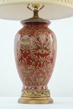 Load image into Gallery viewer, Burgundy &amp; Gold Urn Table Lamp – Embossed Floral Design – 29.5&quot; Tall
