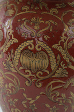 Load image into Gallery viewer, Burgundy &amp; Gold Urn Table Lamp – Embossed Floral Design – 29.5&quot; Tall

