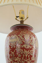 Load image into Gallery viewer, Burgundy &amp; Gold Urn Table Lamp – Embossed Floral Design – 29.5&quot; Tall
